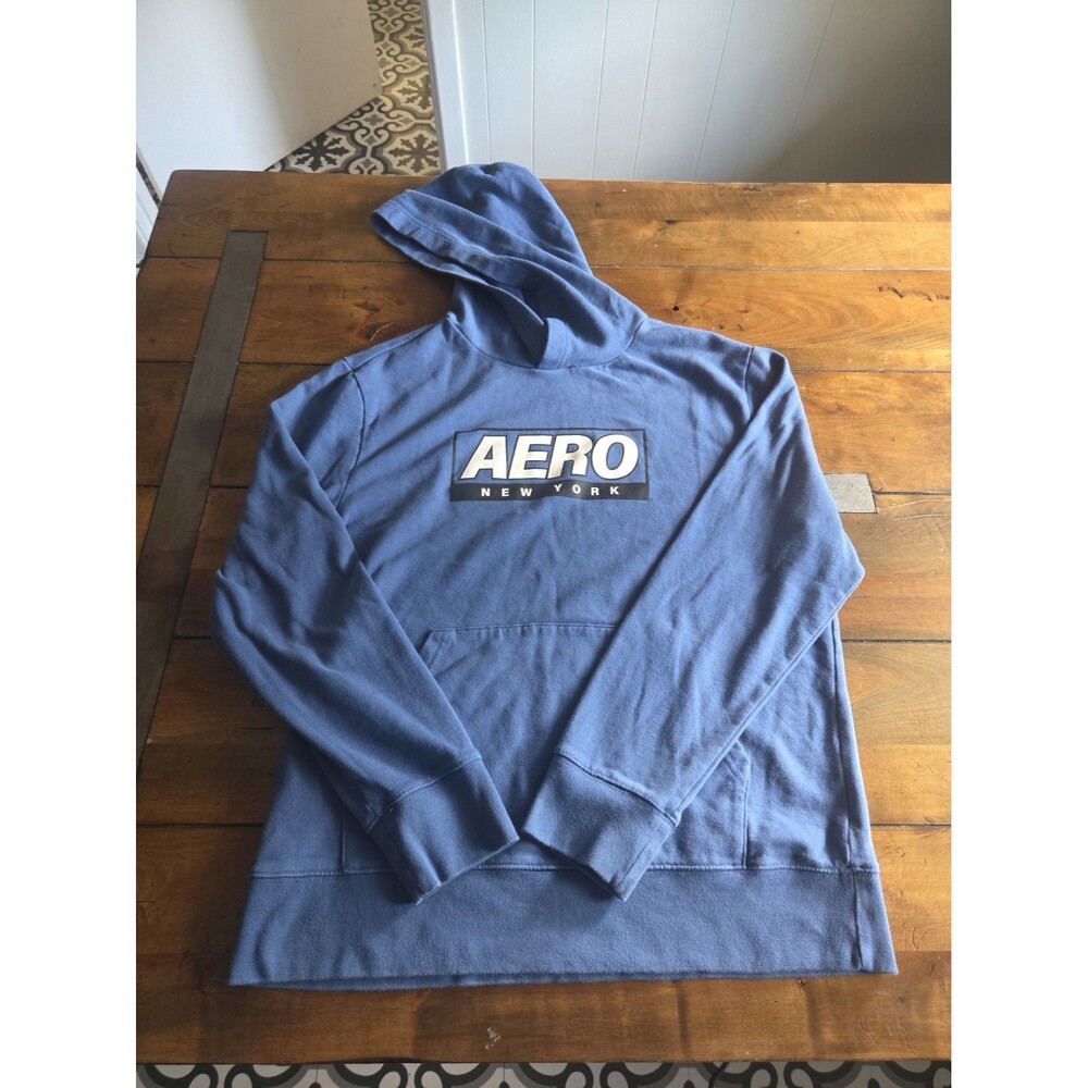 Aeropostale Hoodie Mens L Large Slate Blue Aero New York Block Logo Sweatshirt